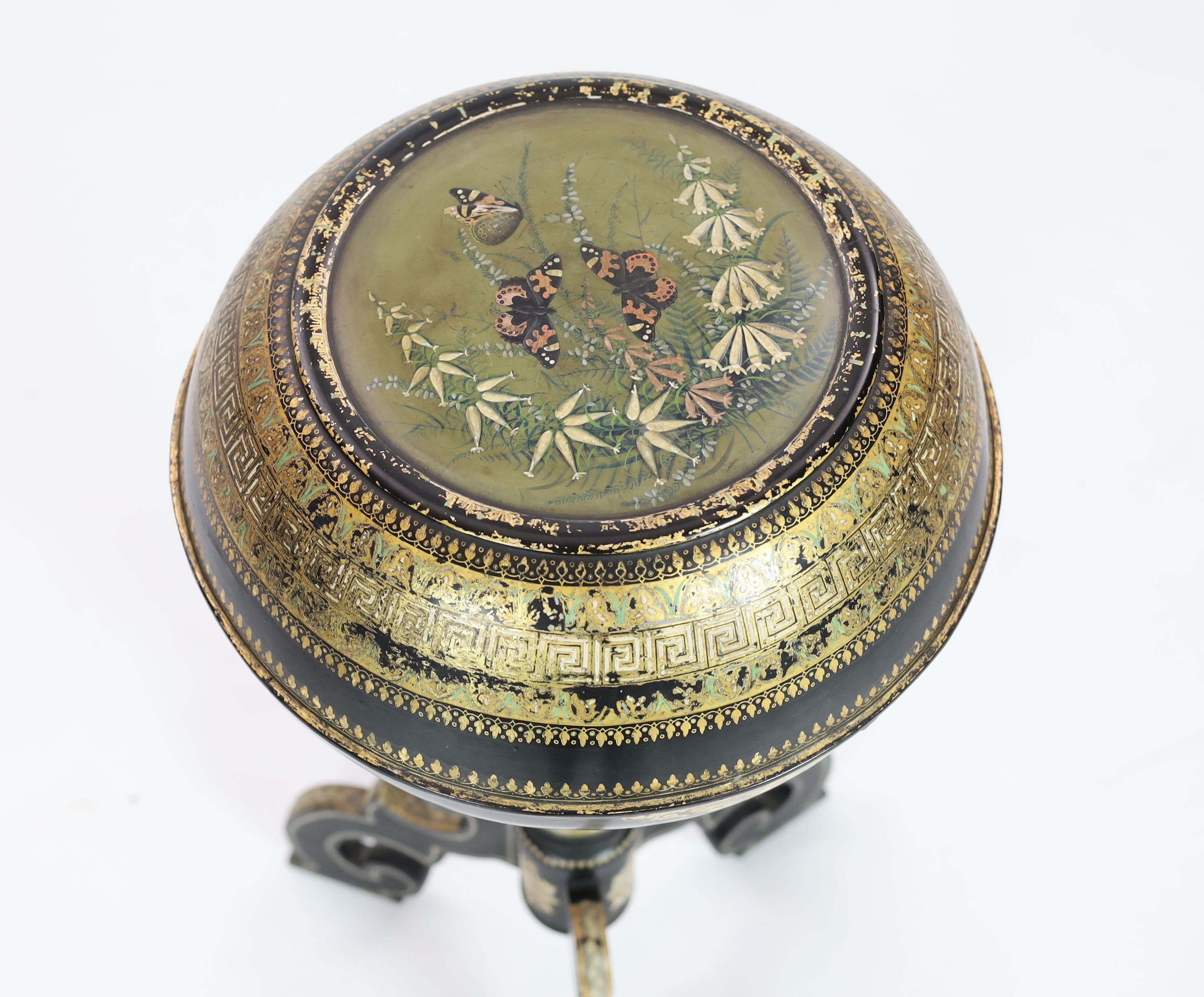 A Victorian papier mache and ebonised wood tripod work table, 83cm high 41cm diameter